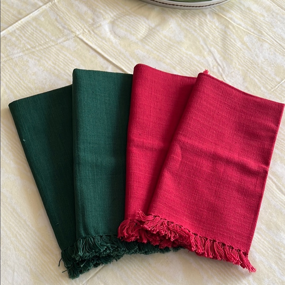 Green and Red Fringed Napkins Set of 4